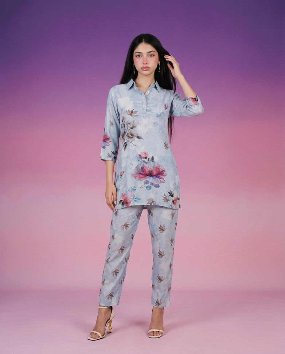 Grey Printed Crepe Silk Co-Ord Set