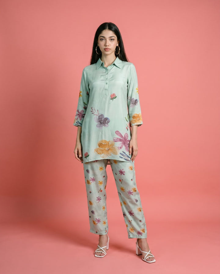 Sea Green Printed Crepe Silk Co-Ord Set