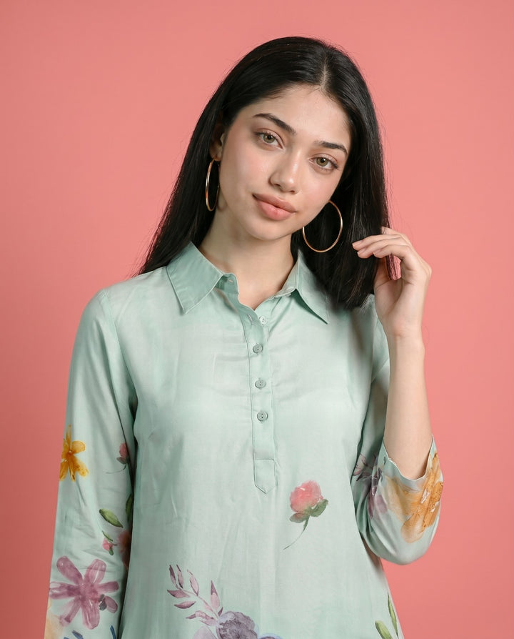 Sea Green Printed Crepe Silk Co-Ord Set