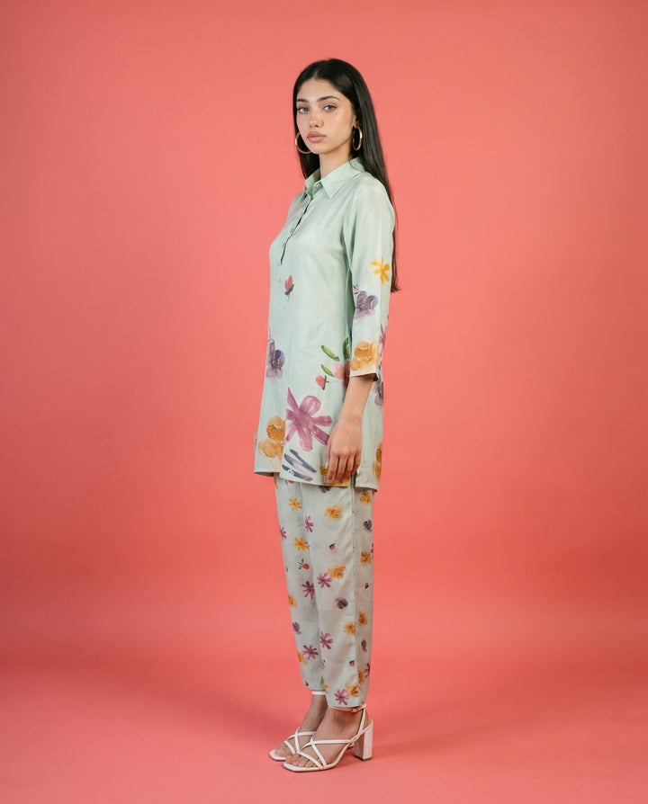 Sea Green Printed Crepe Silk Co-Ord Set