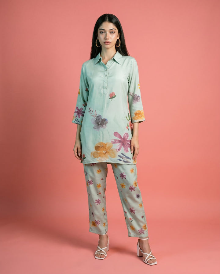 Sea Green Printed Crepe Silk Co-Ord Set