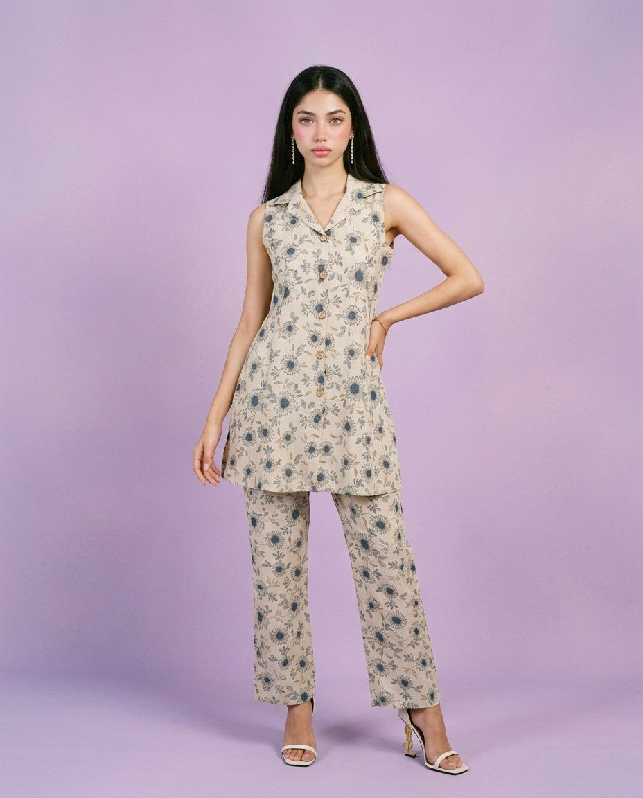 Blue Printed Viscose Blended Co-Ord Set