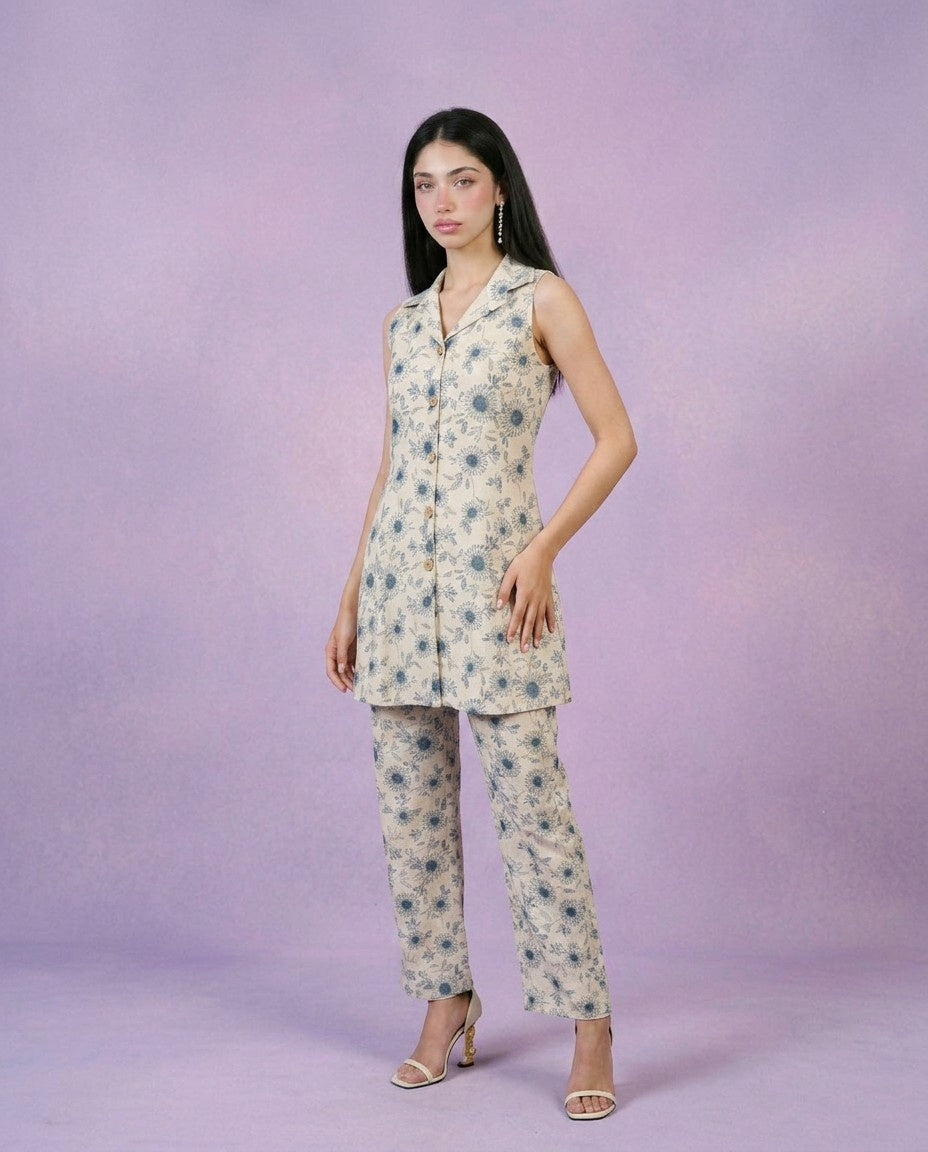 Blue Printed Viscose Blended Co-Ord Set