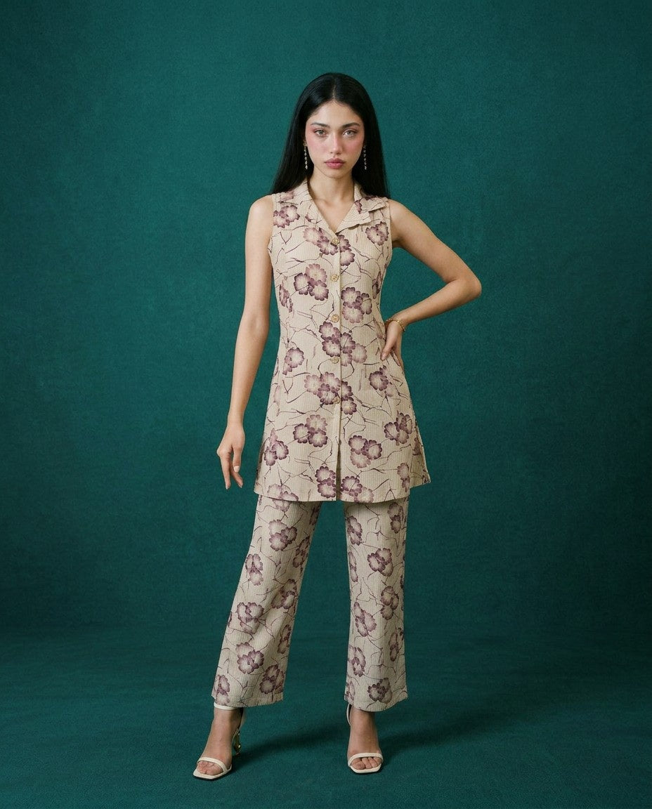 Maroon Printed Viscose Blended Co-Ord Set