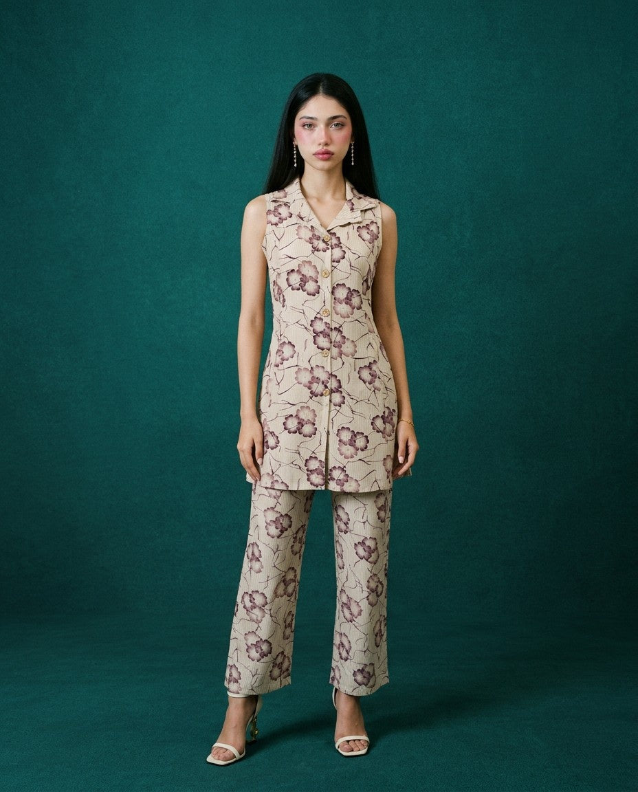 Maroon Printed Viscose Blended Co-Ord Set