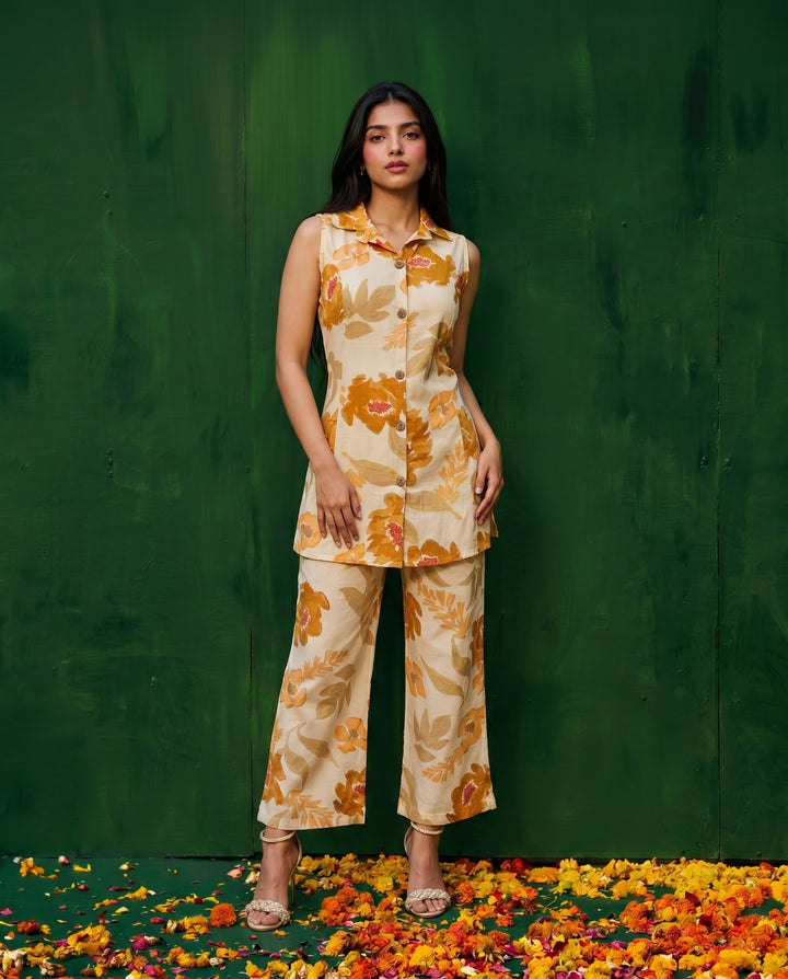 Mustard Printed Viscose Blended Co-Ord Set