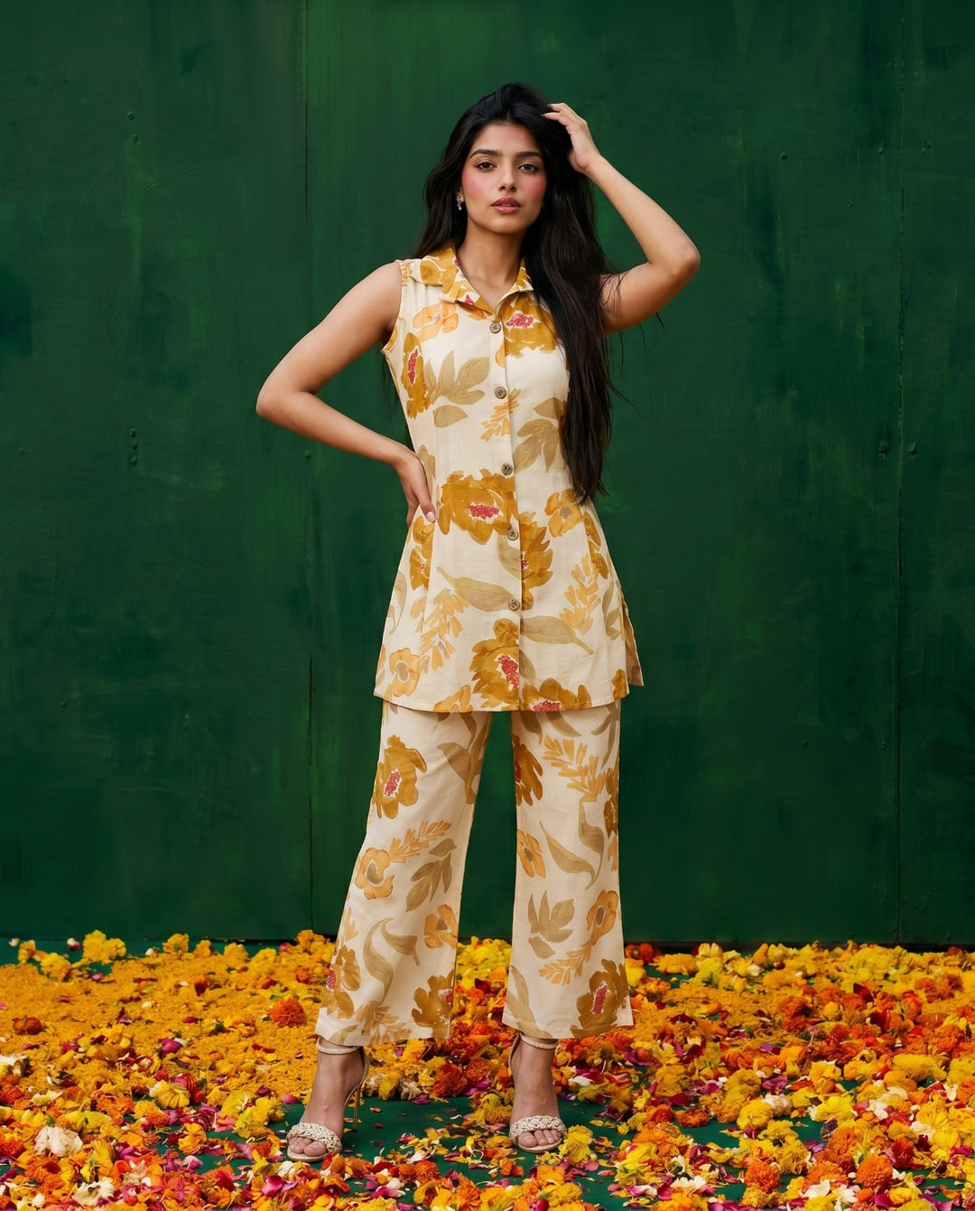 Mustard Printed Viscose Blended Co-Ord Set