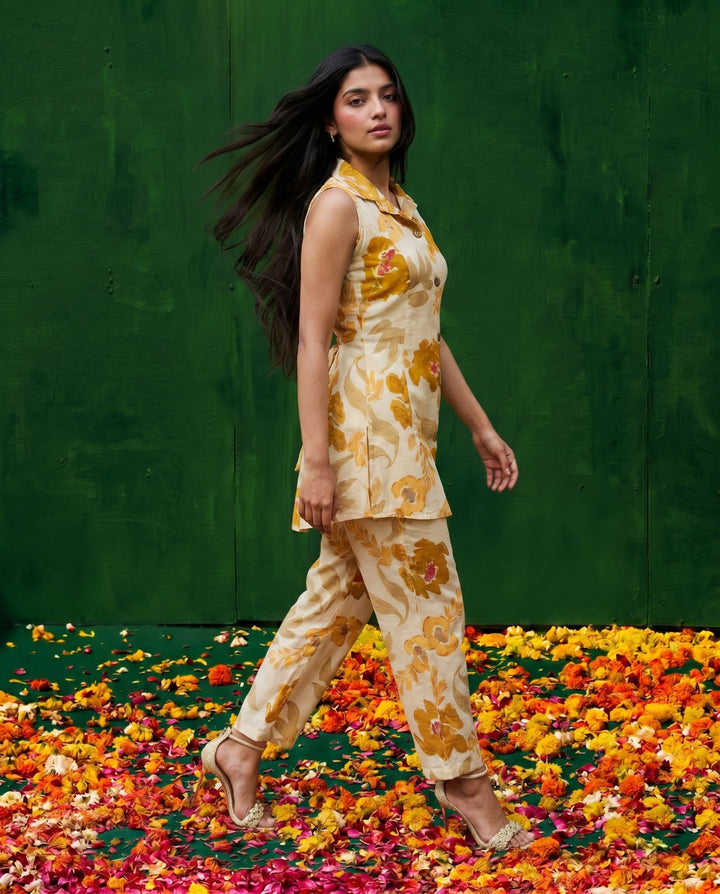 Mustard Printed Viscose Blended Co-Ord Set