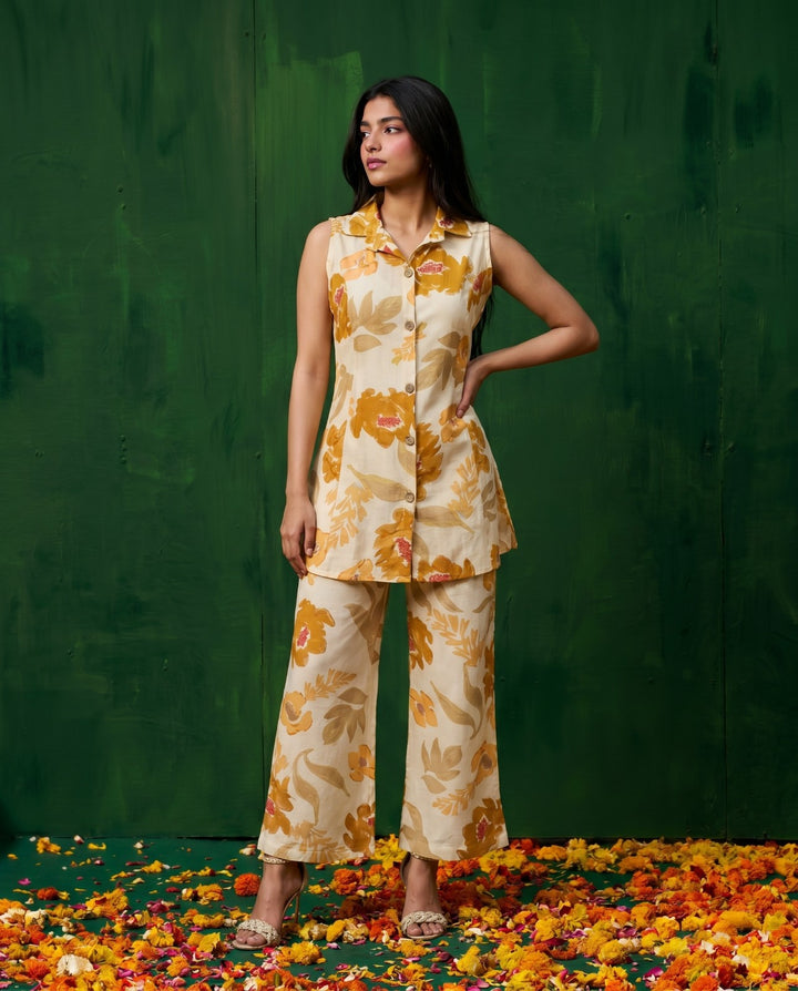 Mustard Printed Viscose Blended Co-Ord Set