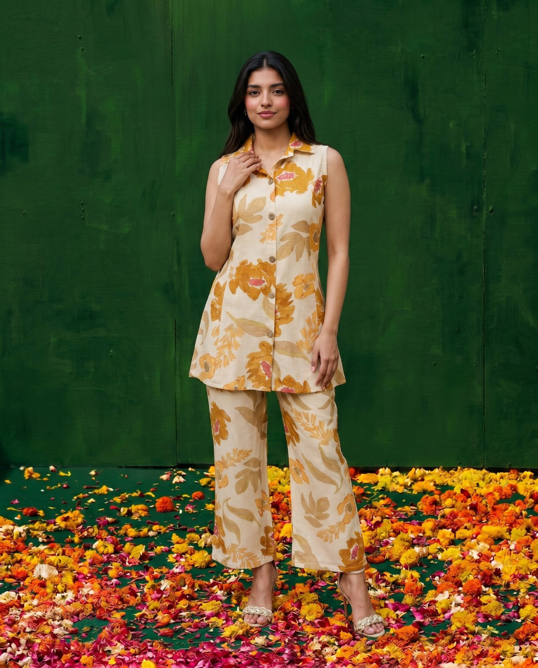Mustard Printed Viscose Blended Co-Ord Set