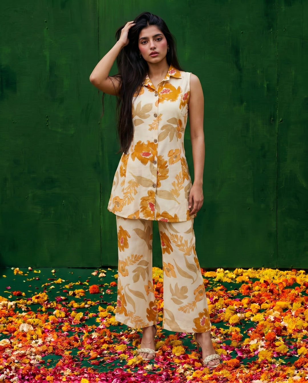 Mustard Printed Viscose Blended Co-Ord Set