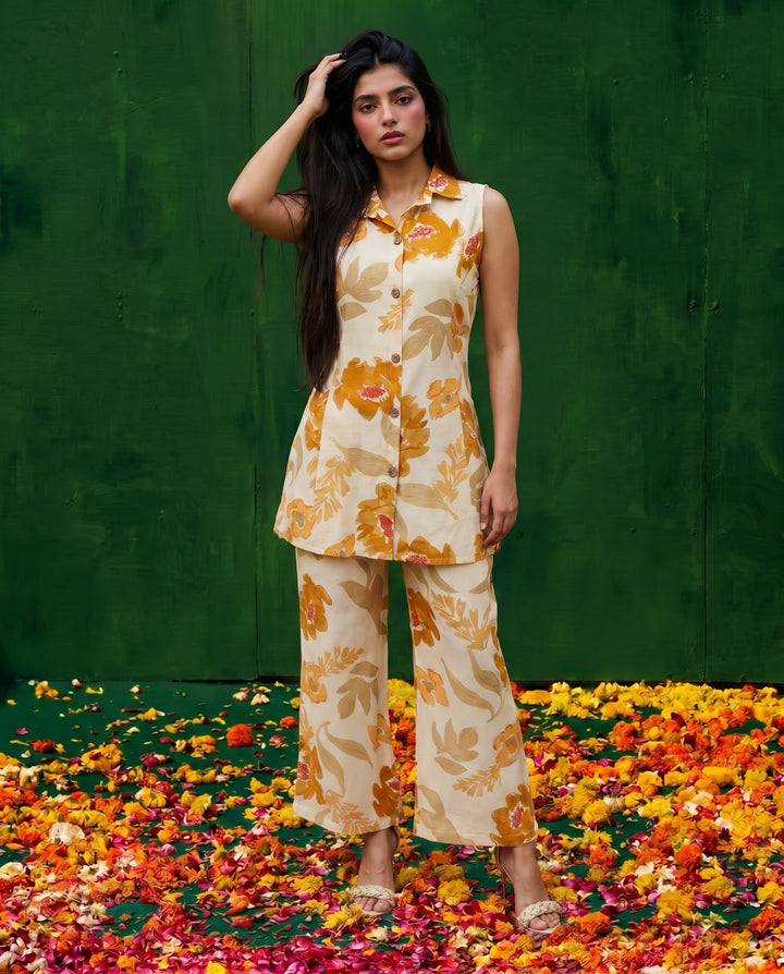 Mustard Printed Viscose Blended Co-Ord Set