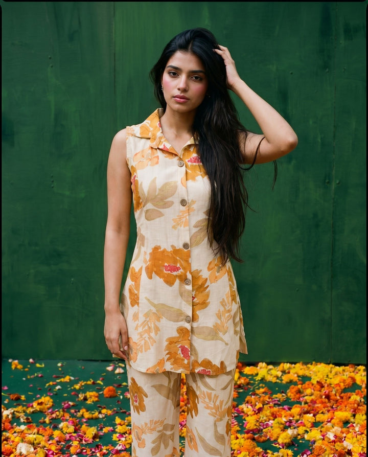 Mustard Printed Viscose Blended Co-Ord Set