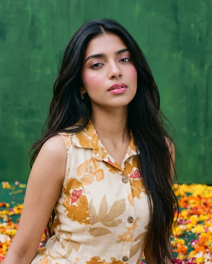 Mustard Printed Viscose Blended Co-Ord Set