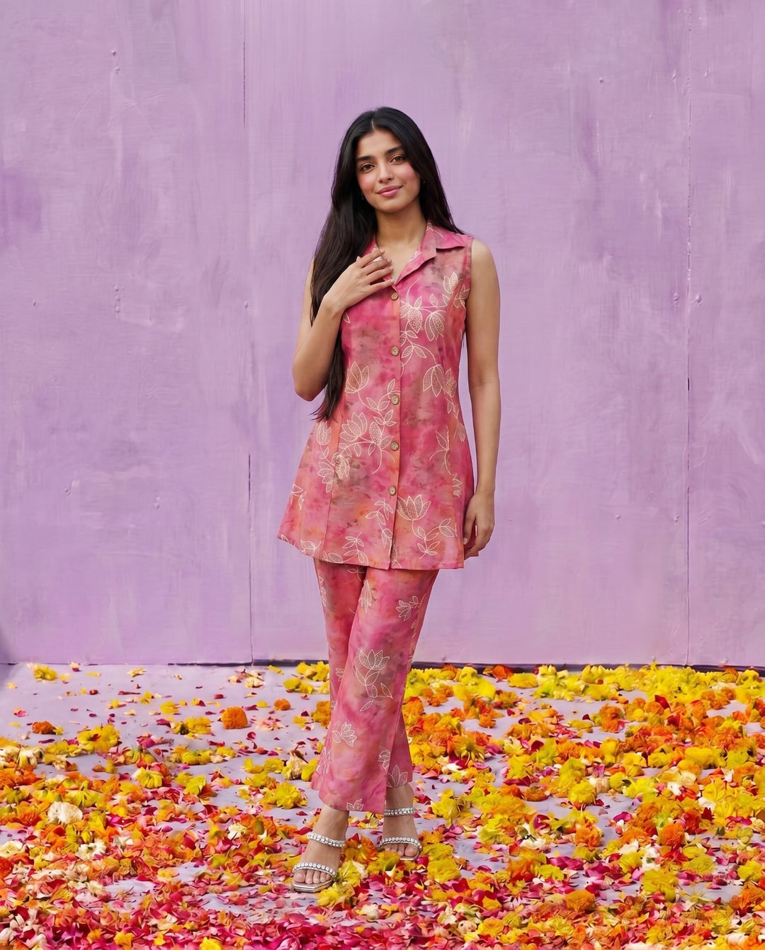 Pink Printed Viscose Blended Co-Ord Set