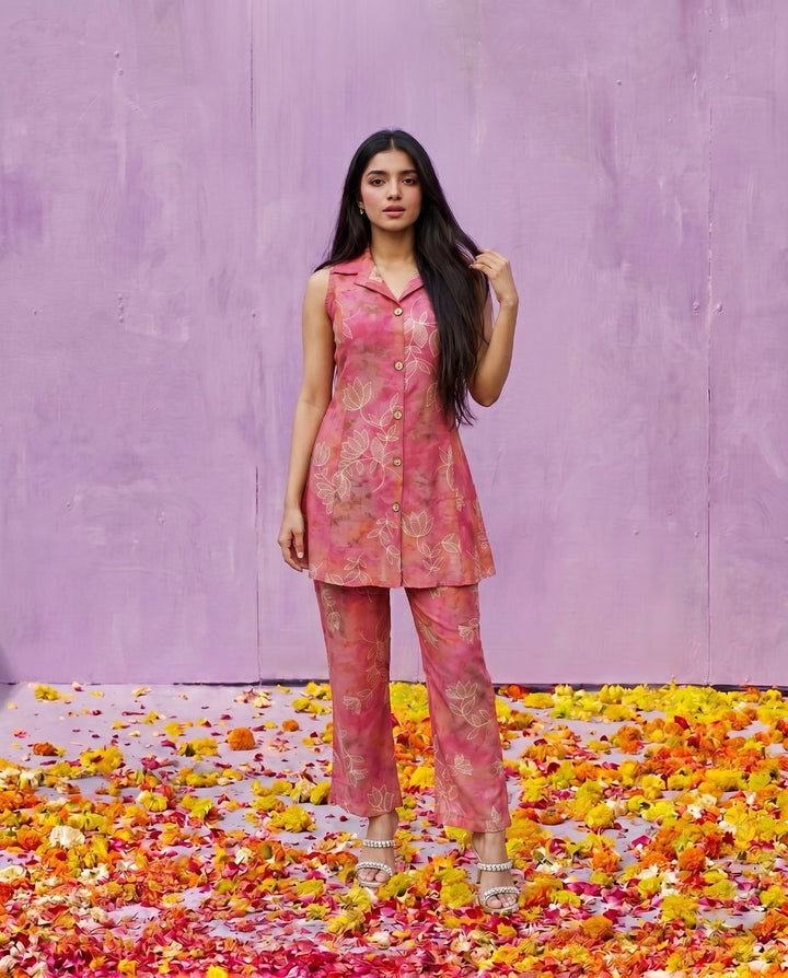 Pink Printed Viscose Blended Co-Ord Set