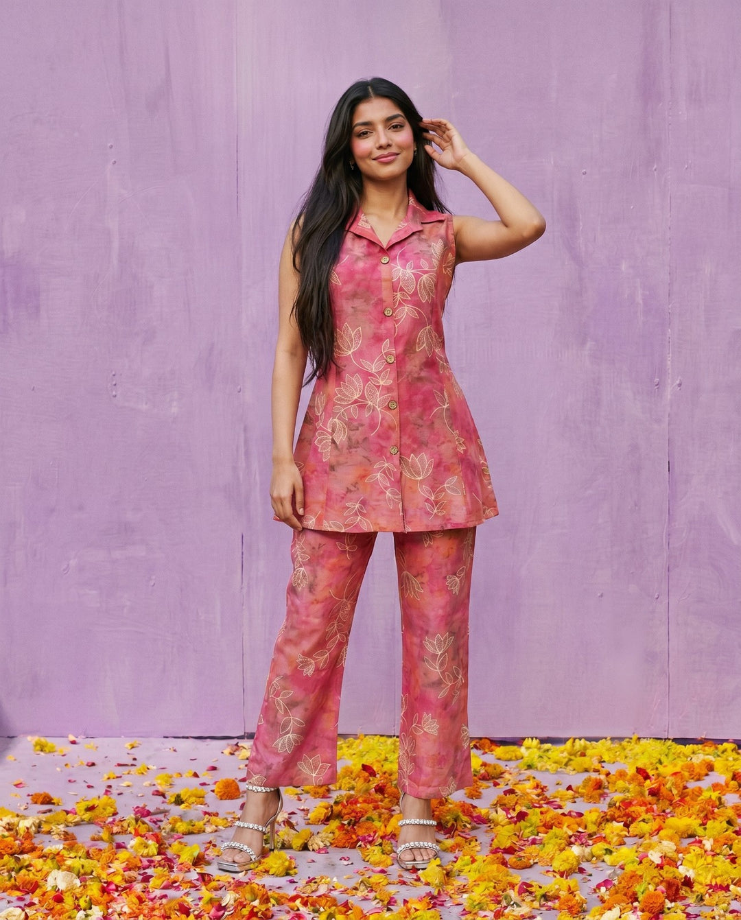Pink Printed Viscose Blended Co-Ord Set