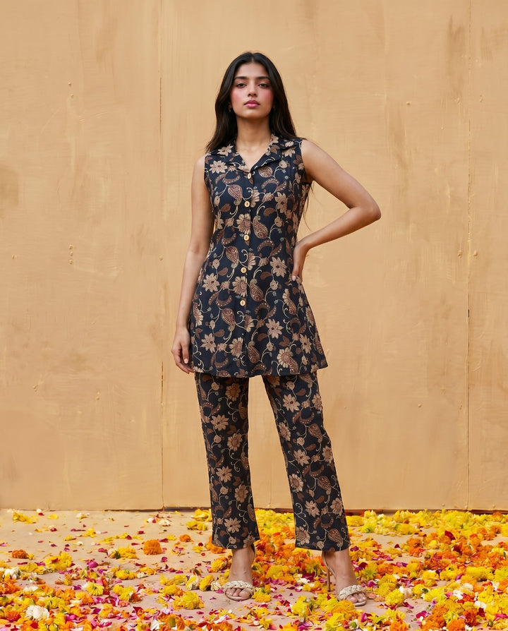 Navy Printed Viscose Blended Co-Ord Set