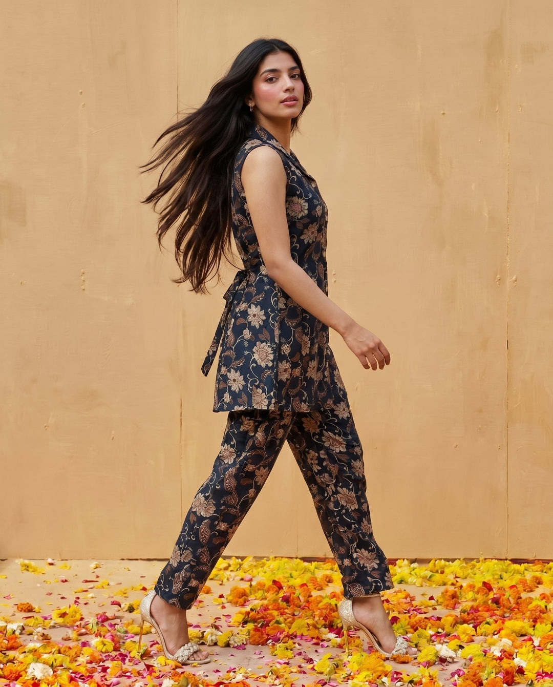 Navy Printed Viscose Blended Co-Ord Set