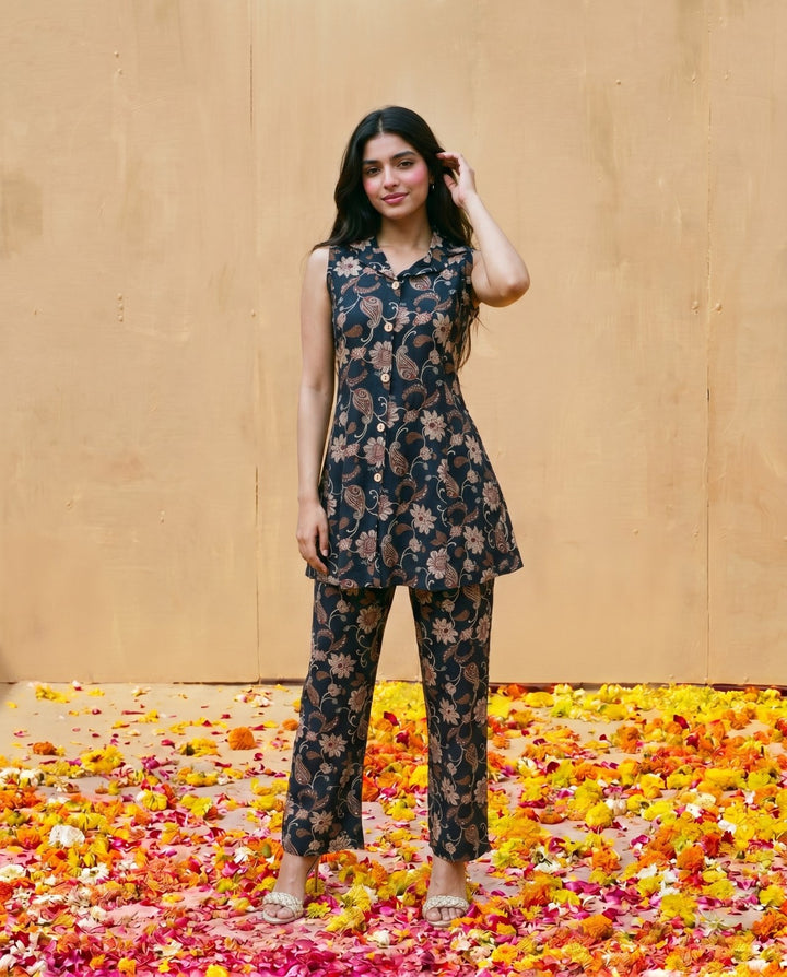 Navy Printed Viscose Blended Co-Ord Set