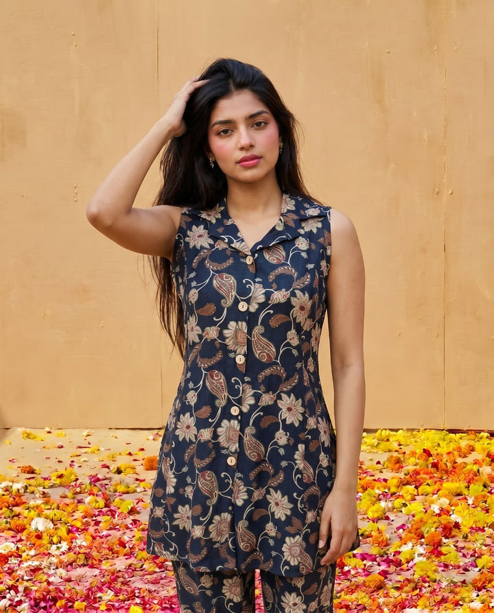 Navy Printed Viscose Blended Co-Ord Set