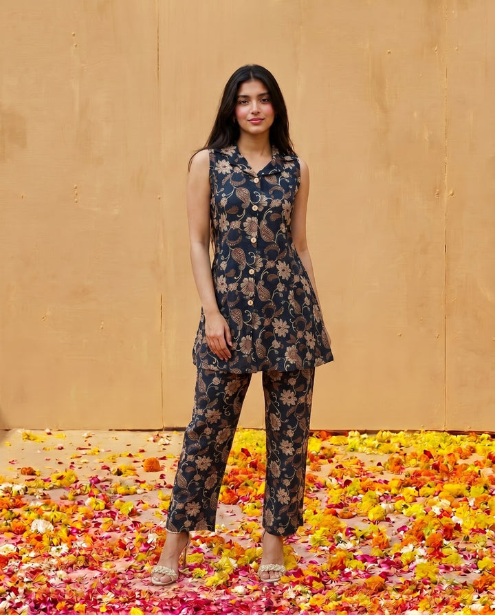 Navy Printed Viscose Blended Co-Ord Set