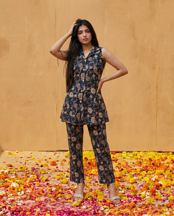 Navy Printed Viscose Blended Co-Ord Set