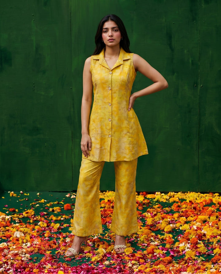 Yellow Printed Viscose Blended Co-Ord Set