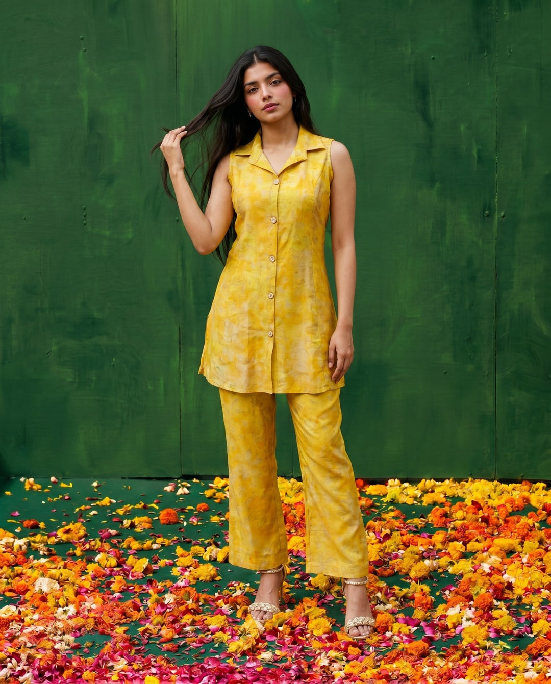 Yellow Printed Viscose Blended Co-Ord Set
