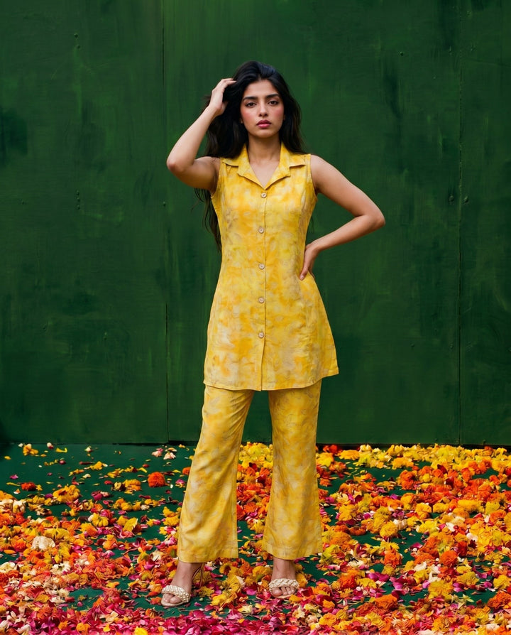 Yellow Printed Viscose Blended Co-Ord Set