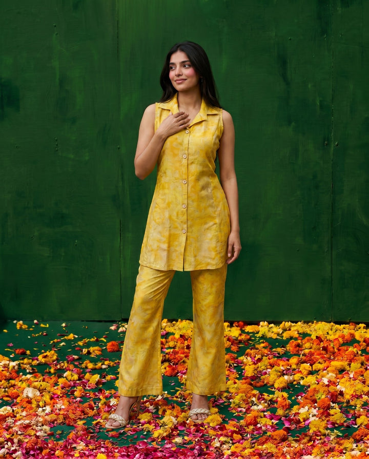 Yellow Printed Viscose Blended Co-Ord Set
