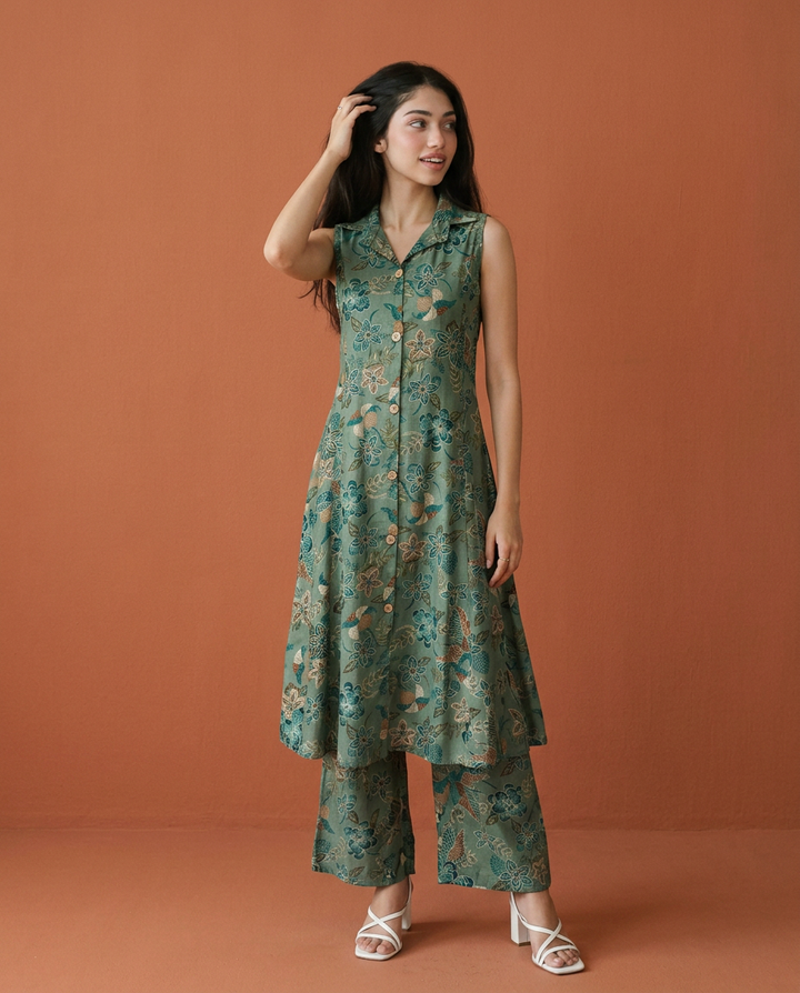 Green Printed Viscose Blended Co-Ord Set
