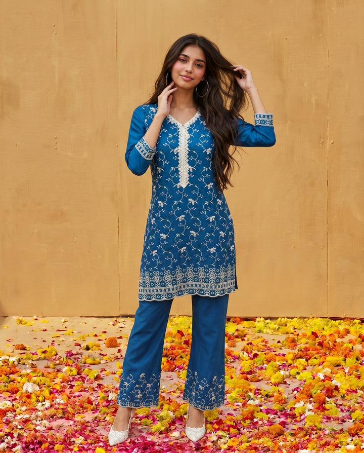 Navy Embriodered Cotton Satin Co-Ord Set
