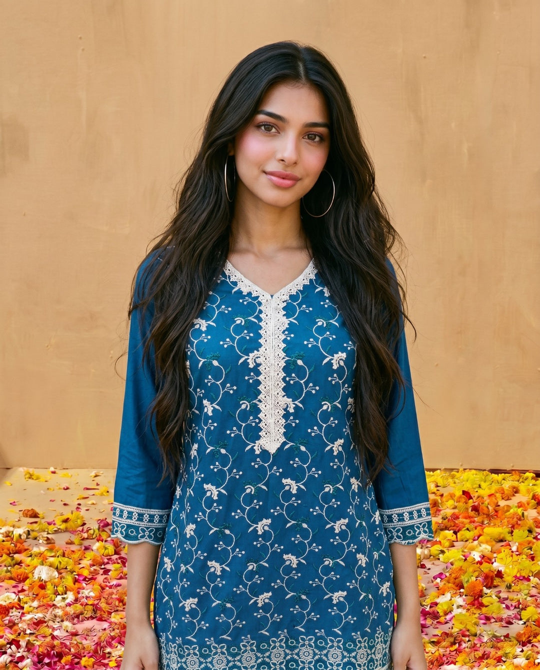 Navy Embriodered Cotton Satin Co-Ord Set