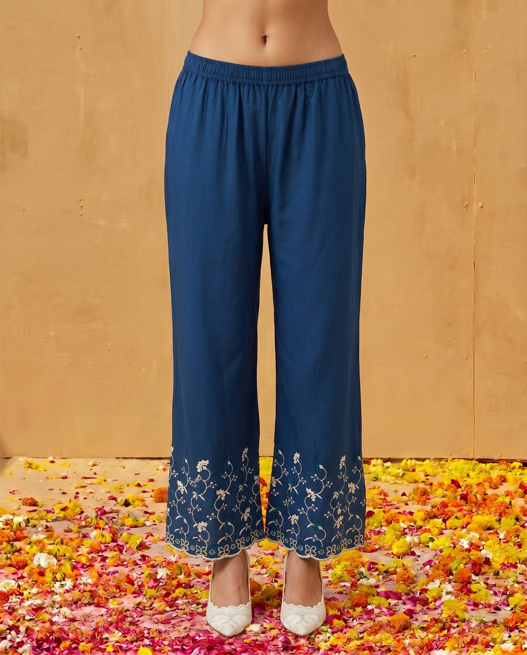 Navy Embriodered Cotton Satin Co-Ord Set