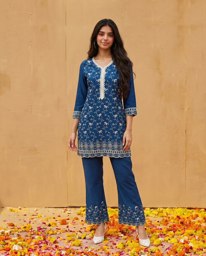 Navy Embriodered Cotton Satin Co-Ord Set