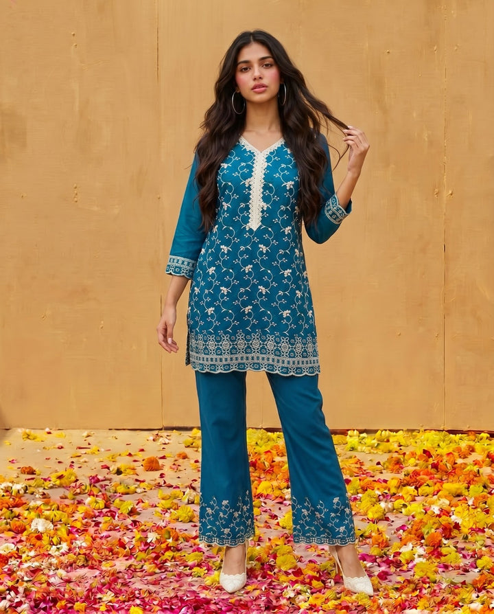 Navy Embriodered Cotton Satin Co-Ord Set