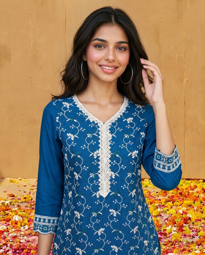 Navy Embriodered Cotton Satin Co-Ord Set