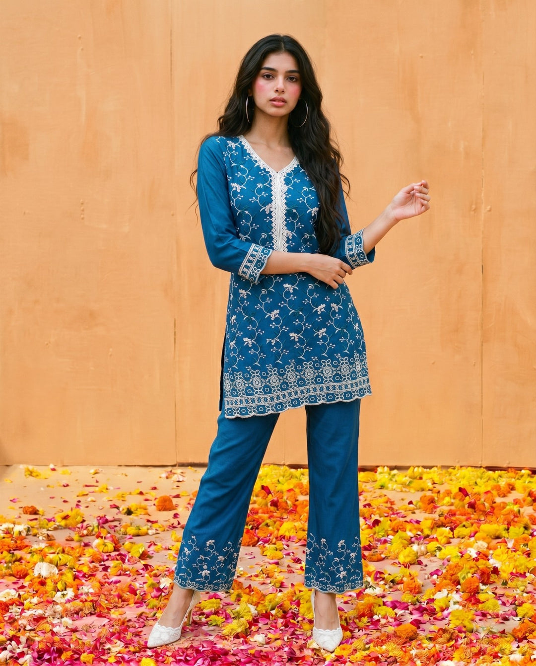 Navy Embriodered Cotton Satin Co-Ord Set