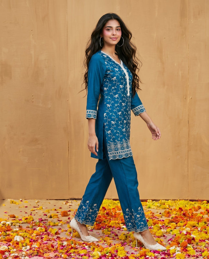 Navy Embriodered Cotton Satin Co-Ord Set