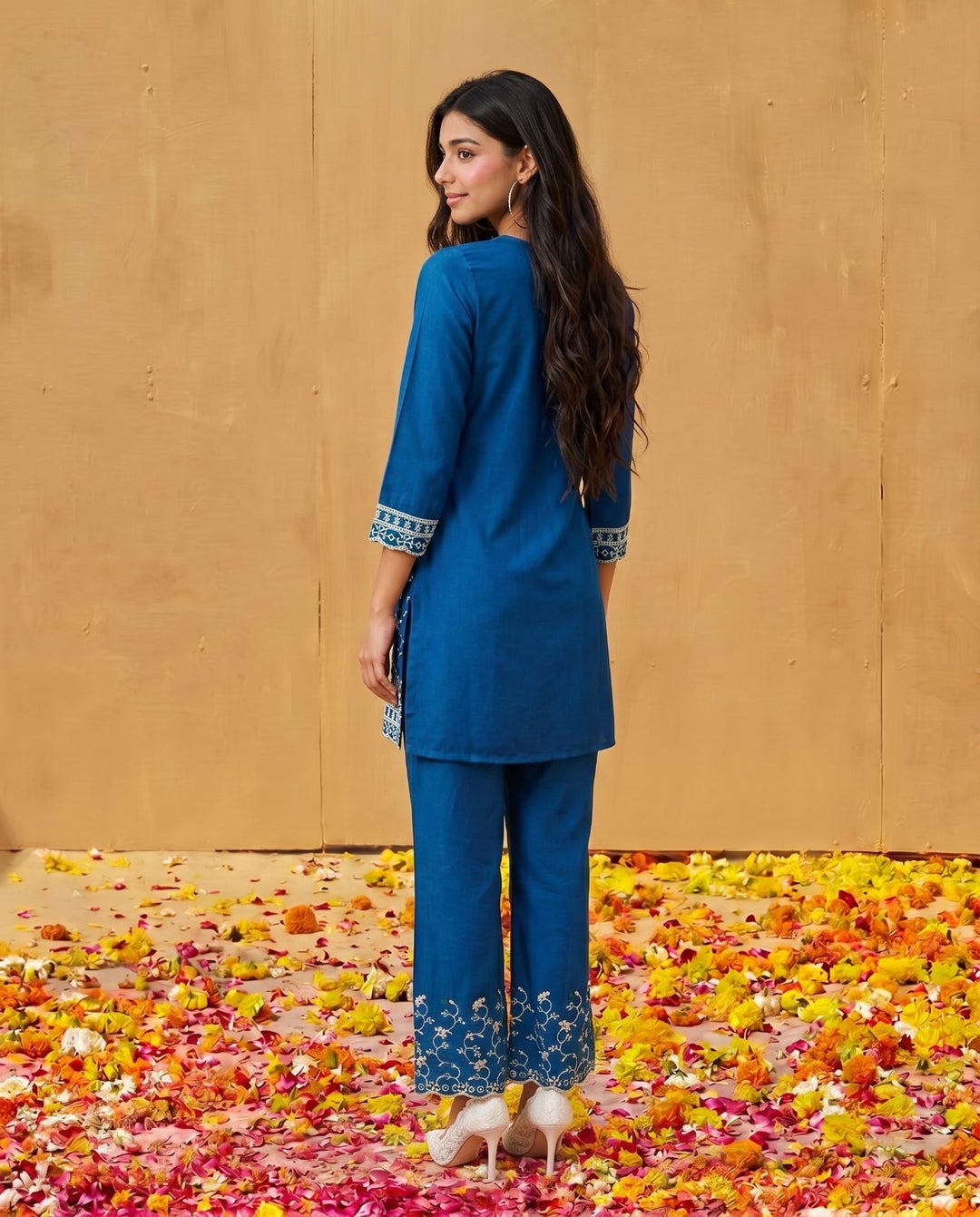Navy Embriodered Cotton Satin Co-Ord Set