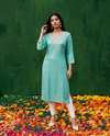 Turquoise Blue Embroidered Silk Blended 3/4 Sleeves Straight Cut Long Kurta