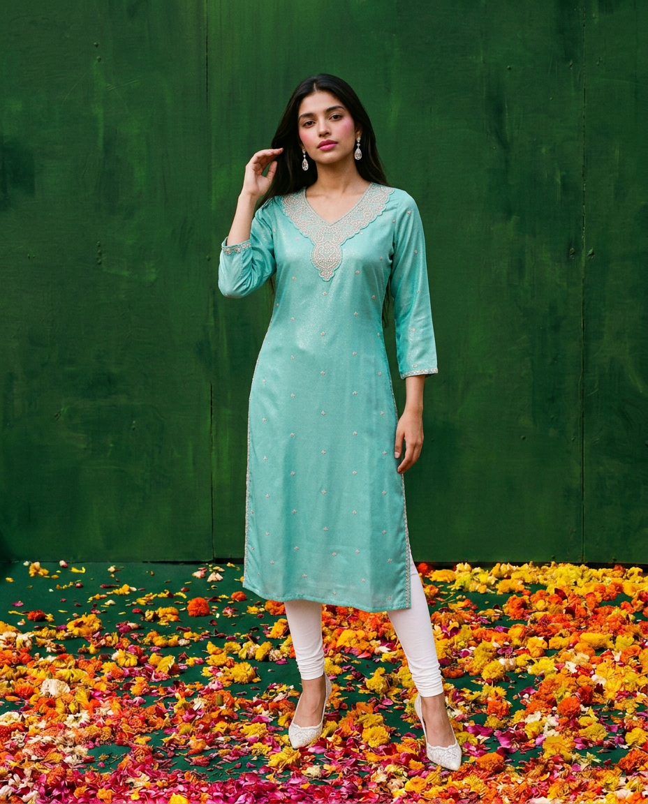 Turquoise Blue Embroidered Silk Blended 3/4 Sleeves Straight Cut Long Kurta