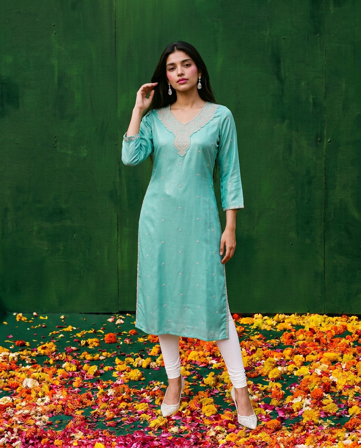 Turquoise Blue Embroidered Silk Blended 3/4 Sleeves Straight Cut Long Kurta