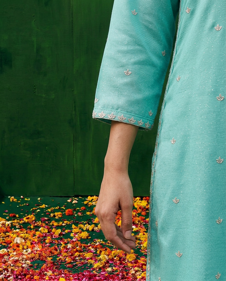 Turquoise Blue Embroidered Silk Blended 3/4 Sleeves Straight Cut Long Kurta