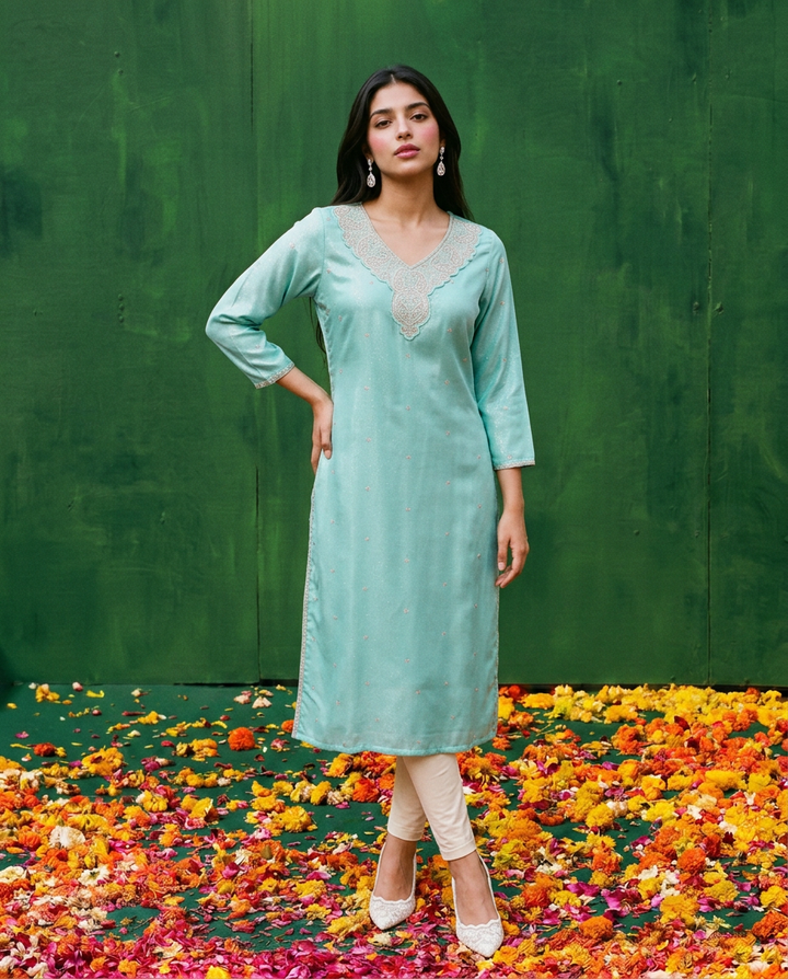 Turquoise Blue Embroidered Silk Blended 3/4 Sleeves Straight Cut Long Kurta