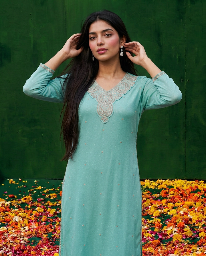 Turquoise Blue Embroidered Silk Blended 3/4 Sleeves Straight Cut Long Kurta