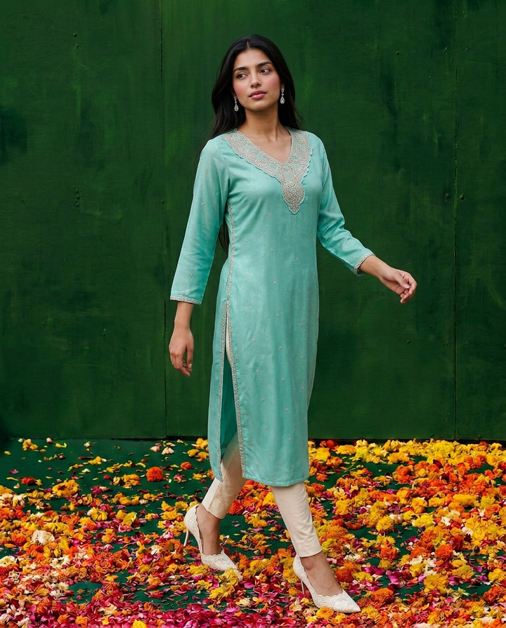 Turquoise Blue Embroidered Silk Blended 3/4 Sleeves Straight Cut Long Kurta