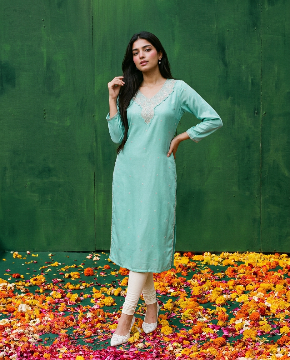 Turquoise Blue Embroidered Silk Blended 3/4 Sleeves Straight Cut Long Kurta