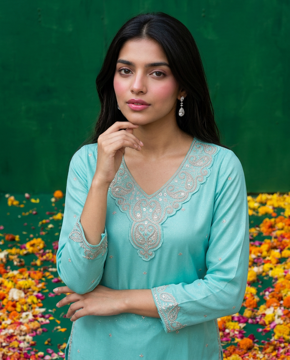 Turquoise Blue Embroidered Silk Blended 3/4 Sleeves Straight Cut Long Kurta